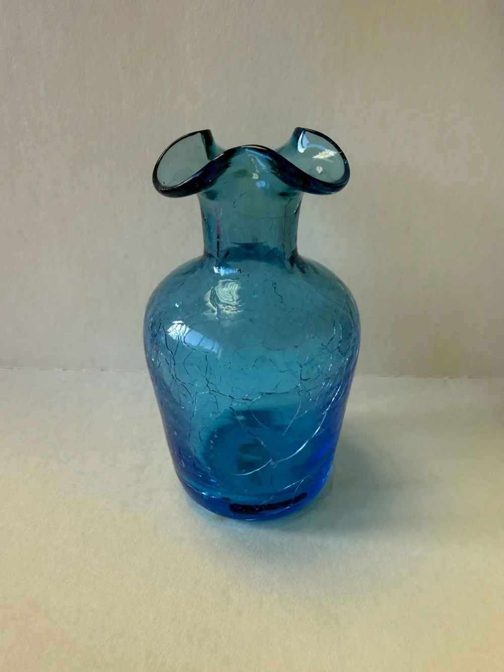 Vintage Blue Crackle Glass Bud Vase Ruffle Rim. - Picture 2 of 10